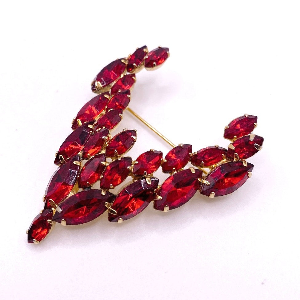 Red Rhinestones Vintage  Brooch V Shape 2.5”