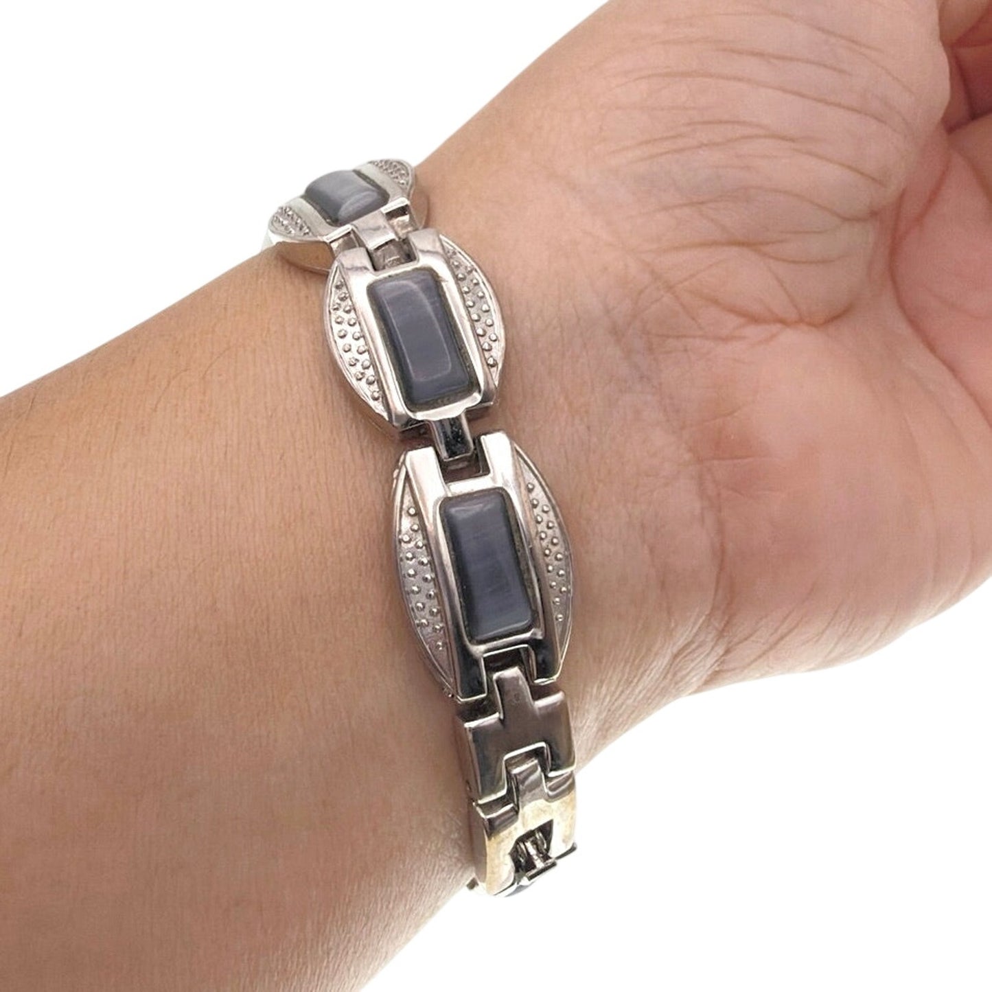 Vintage Silver Tone and Blue lace Retro Panel Bracelet 7"