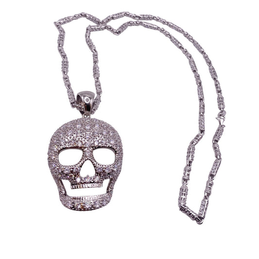 Sterling Silver Full Cubic Zirconia Skull Face Pendant and Necklace 28" long