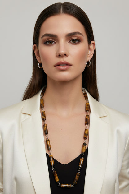 Tiger Eye Retro Barrel Beads Necklace 22”