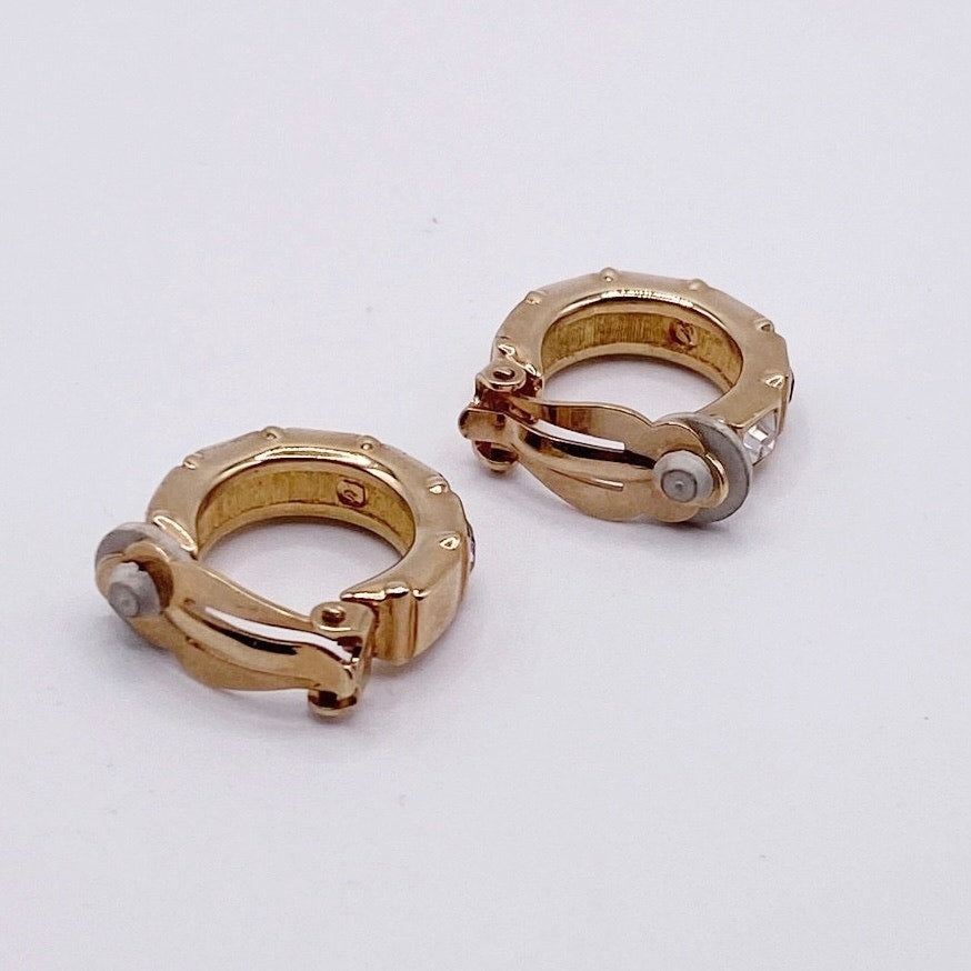 Swarovski Vintage Clip On Earrings Hoops with Black and White Crystals 1”