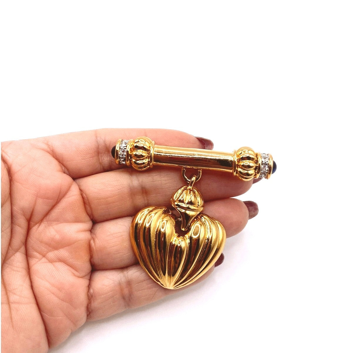 Vintage Heart Pendant Brooch Bar with Rhinestones and Blue Glass Cabochons