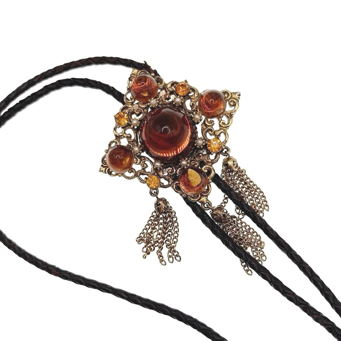 Vintage Bolo Tie Necklace Brown Molded Glass cabochon