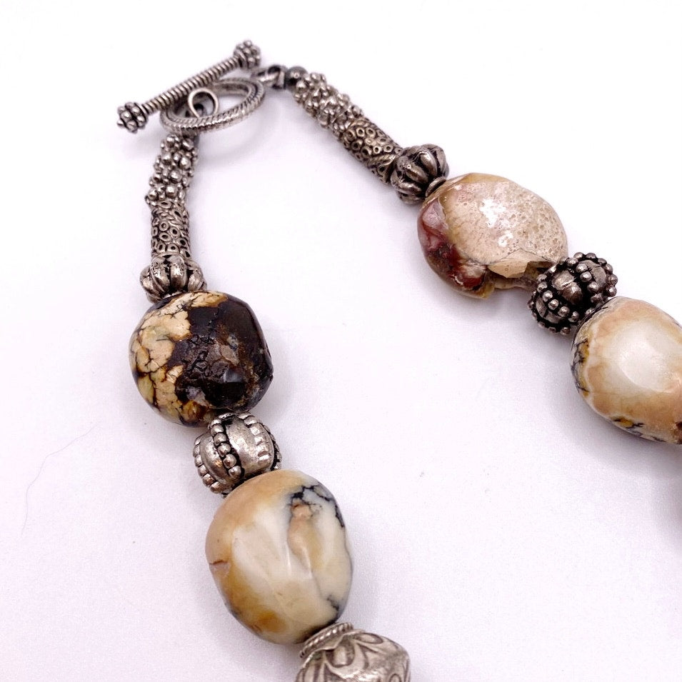 Vintage Jasper Stone Beads And Silver Tone Ornamented Metal Beads Necklace 16”