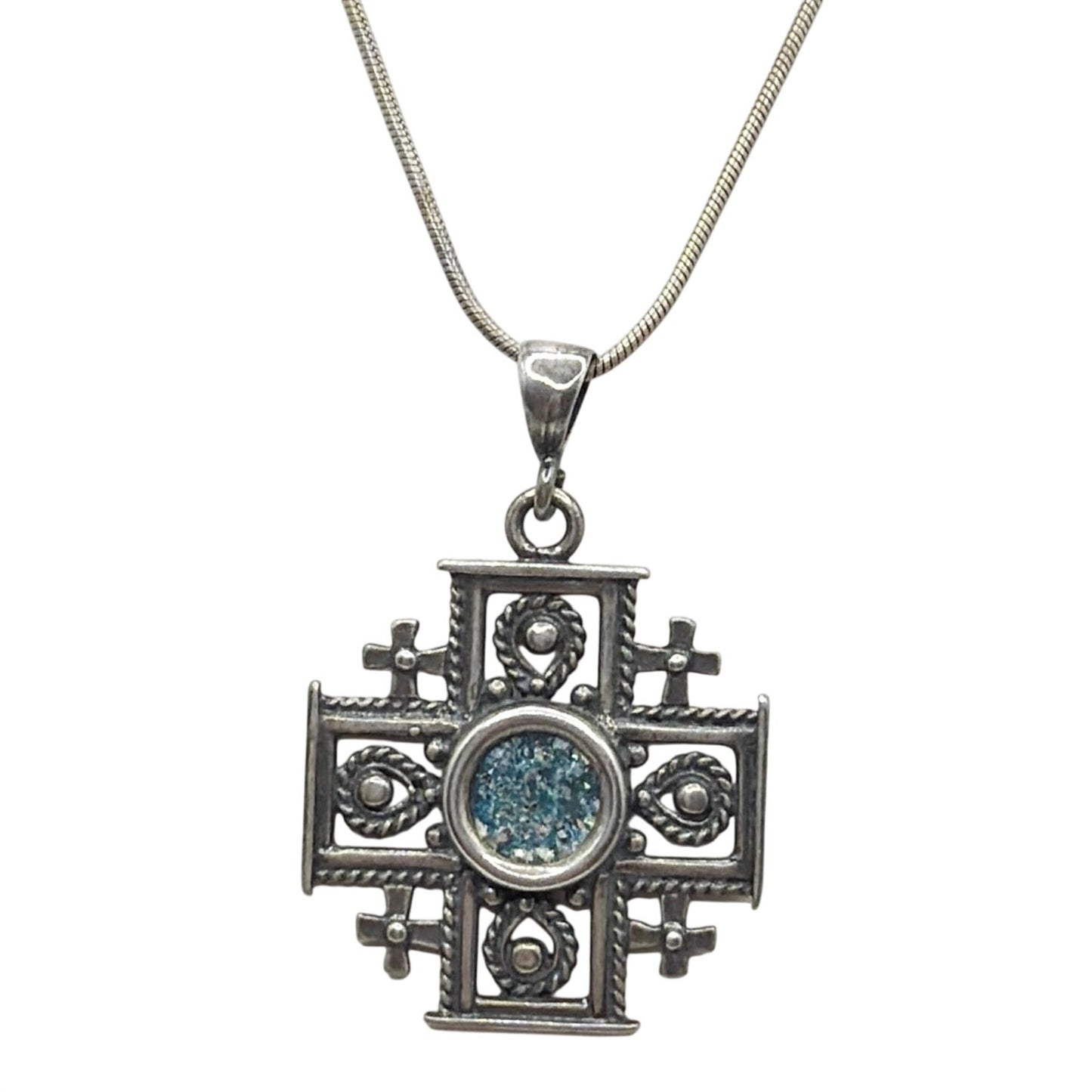 Ancient Roman Glass 925 Sterling Silver Necklace with Pendant and Jerusalem Cross