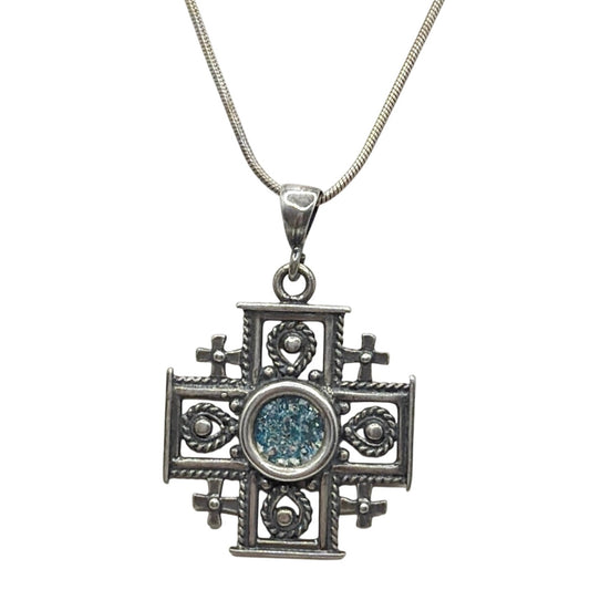 Ancient Roman Glass 925 Sterling Silver Necklace with Pendant and Jerusalem Cross