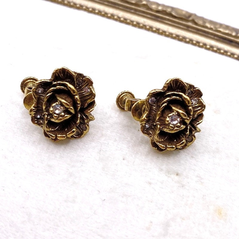 Goldette Vintage Small Gold Tone Clip on Earrings Rhinestones Rose