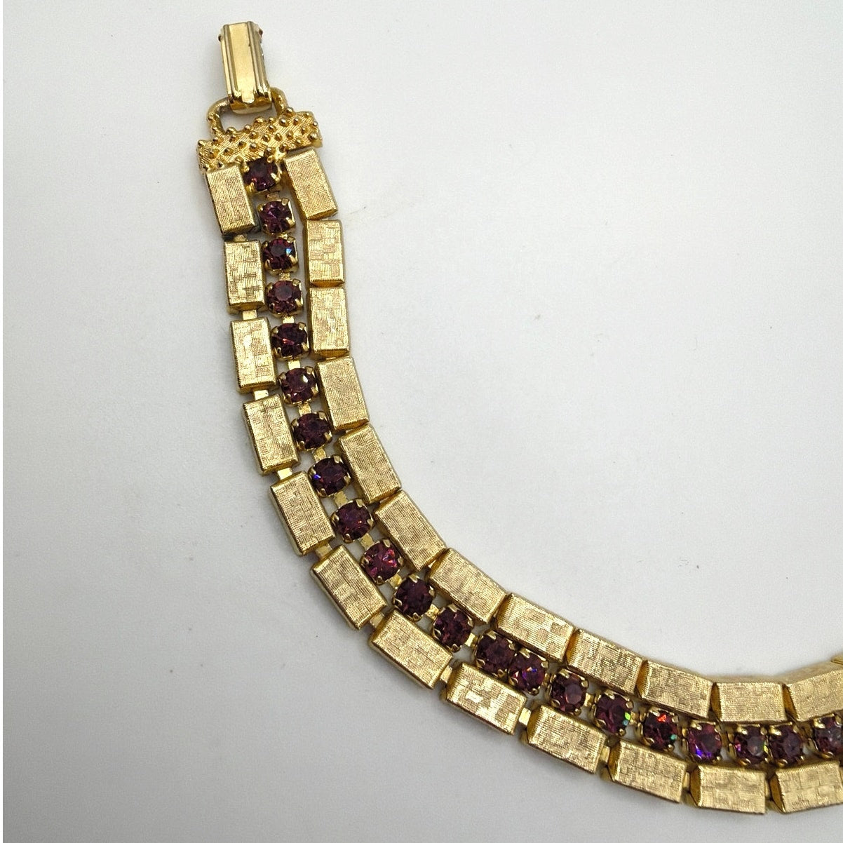 Retro Midcentury Bracelet Gold Tone Boxes Links and Purple Rhinestones 7”