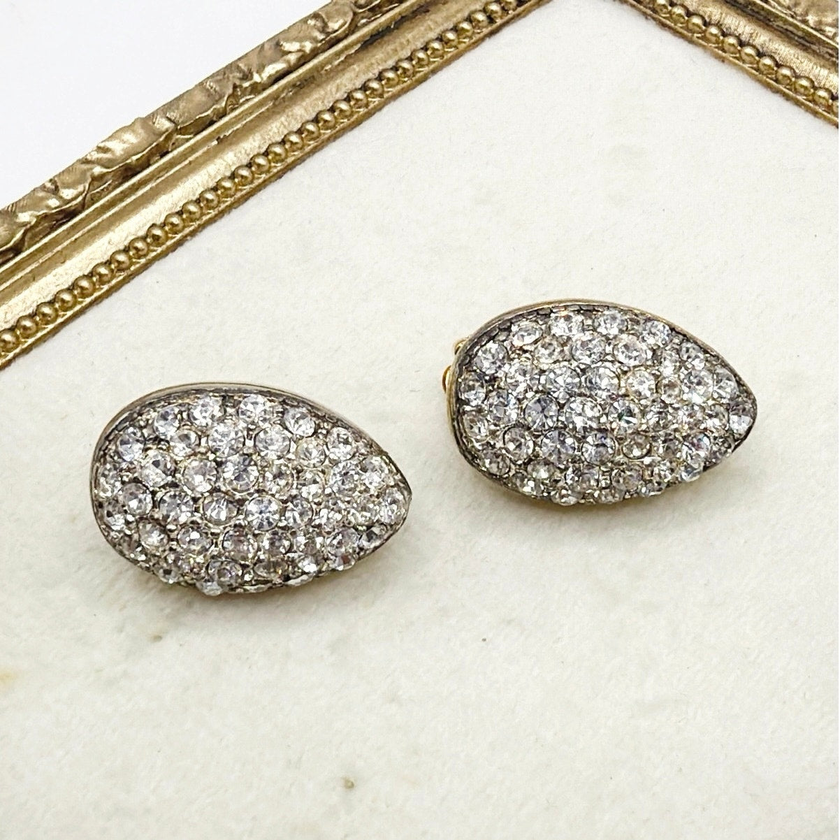 Vintage Clip On Full Rhinestones Earrings On Gold Tone