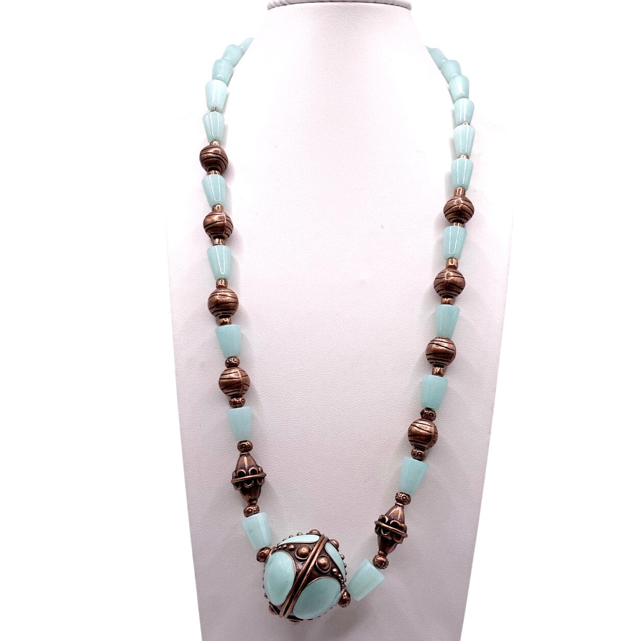 Vntg Handmade Amazonite Gemstones Necklace 18”with Enamel Pendant and Earrings