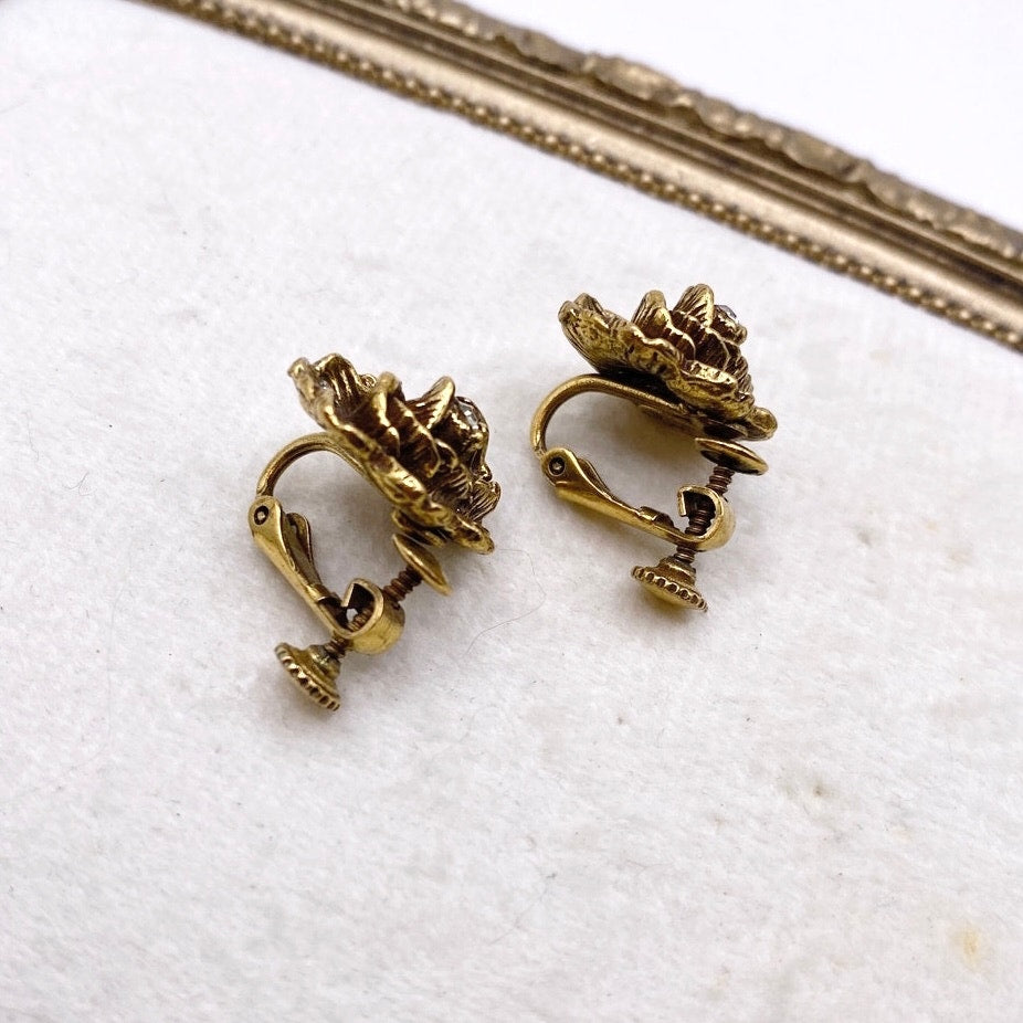 Goldette Vintage Small Gold Tone Clip on Earrings Rhinestones Rose