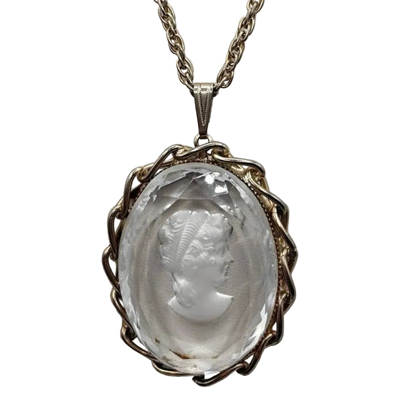Vintage White Clear Intaglio Glass Cameo Pendant 2" On Large Necklace 22"