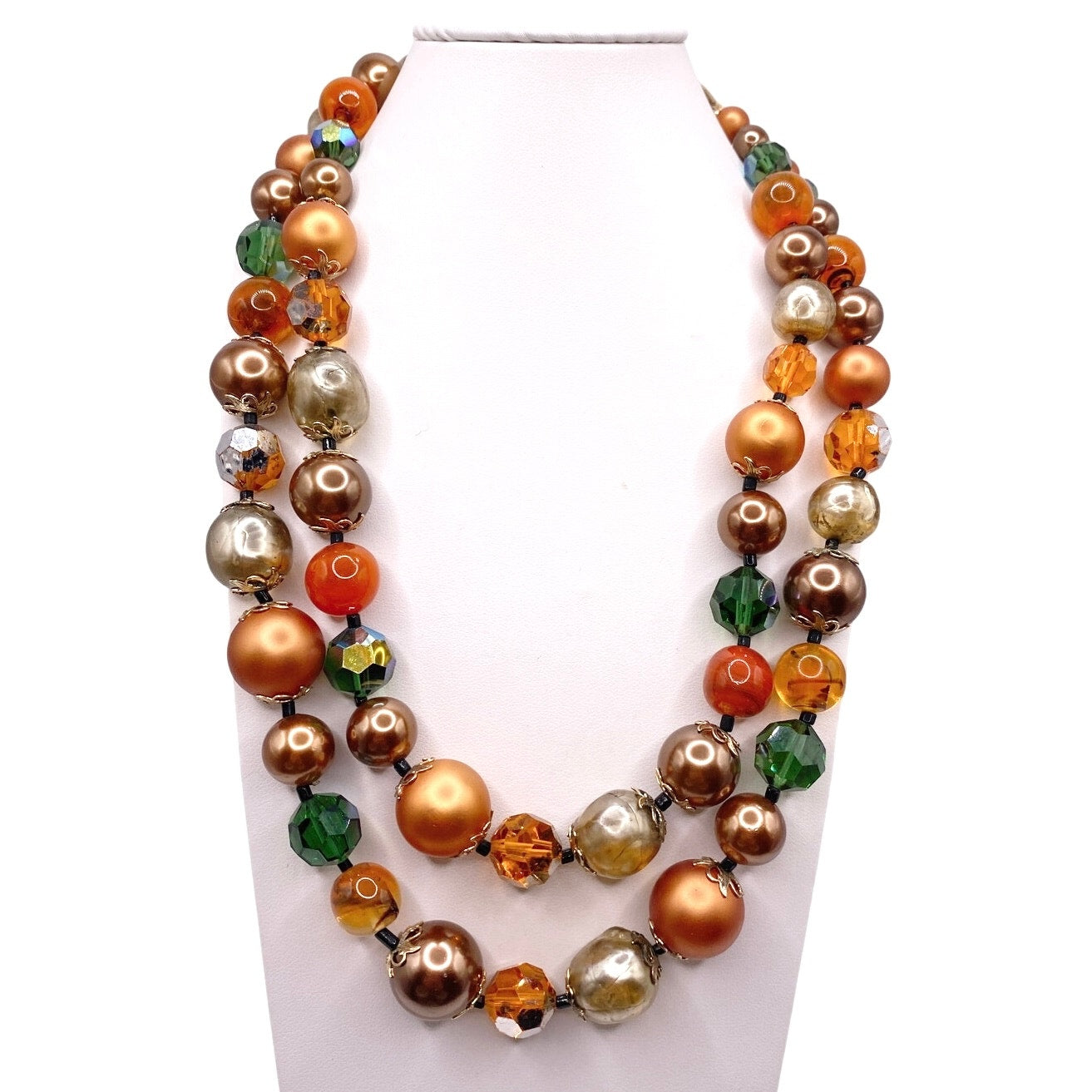 Vendome Lucite Beads Signed Autumn Tones Necklace and Clip On Earrings Set