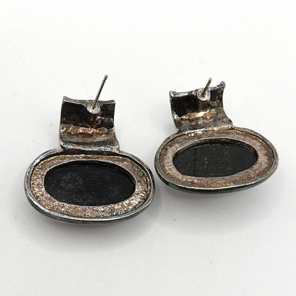 Vintage Gunmetal Tone Retro Style Studs with Brown Marble Stone