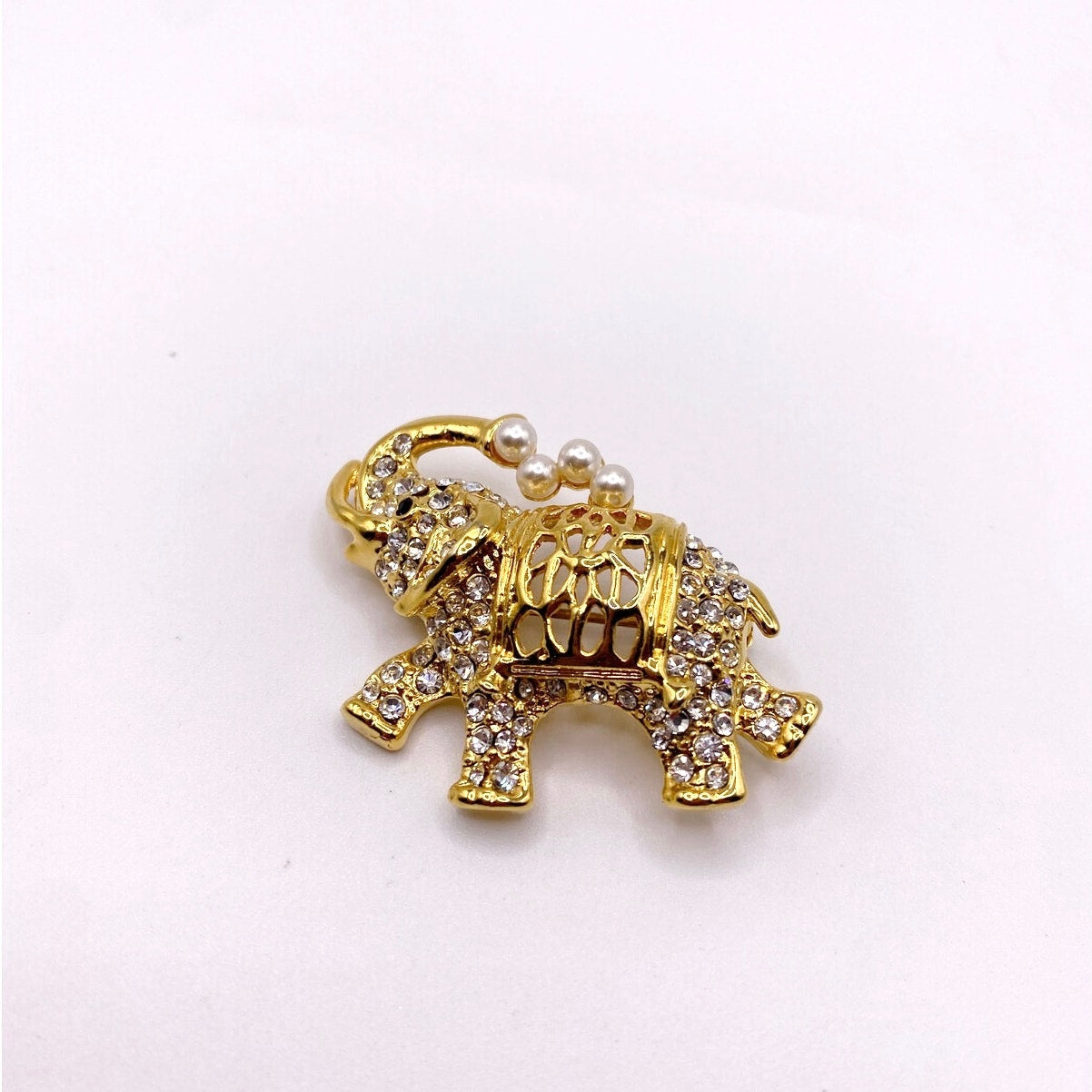 Gold Tone Elephant Brooch with Faux Pearls and Rhinestones
