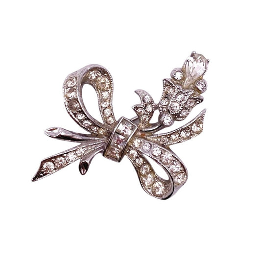 Coro Vintage Rhinestones Brooch Ribbon Bow Silver Tone 1.5”