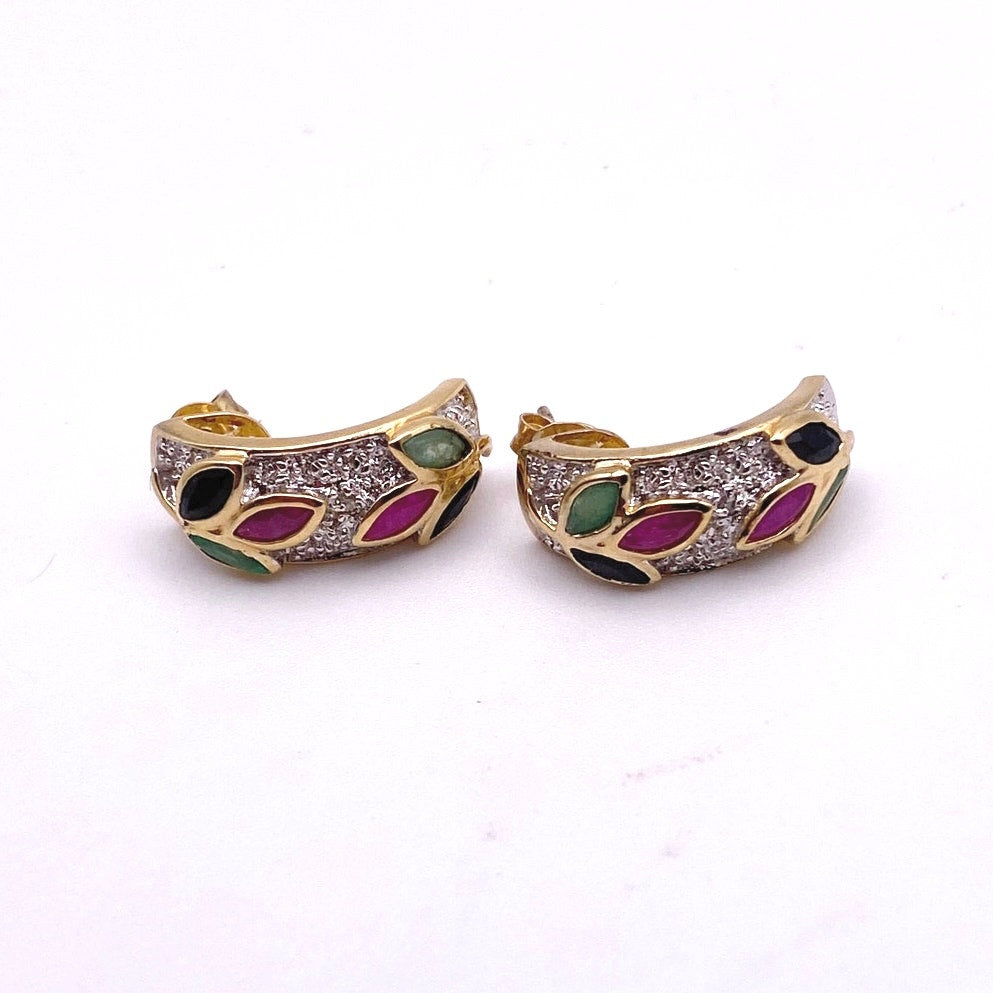 Gold Vermeil Sterling Silver and Gems  Ruby Emerald Sapphire Half Hoop Studs