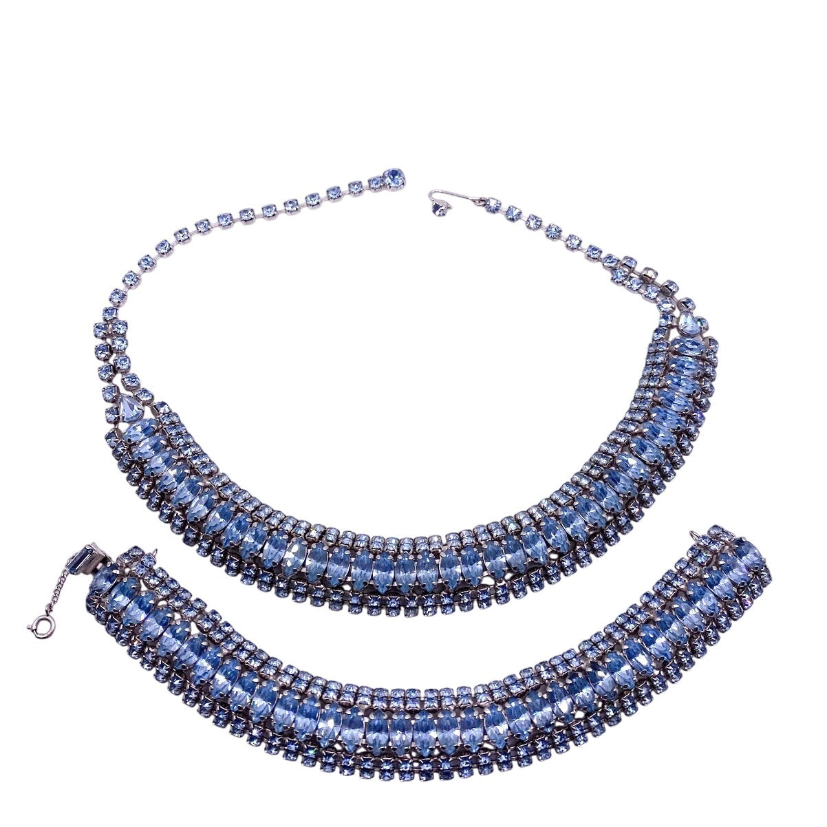 Sapphire Blue Rhinestones And Silver Tone Vintage Necklace and Bracelet Set