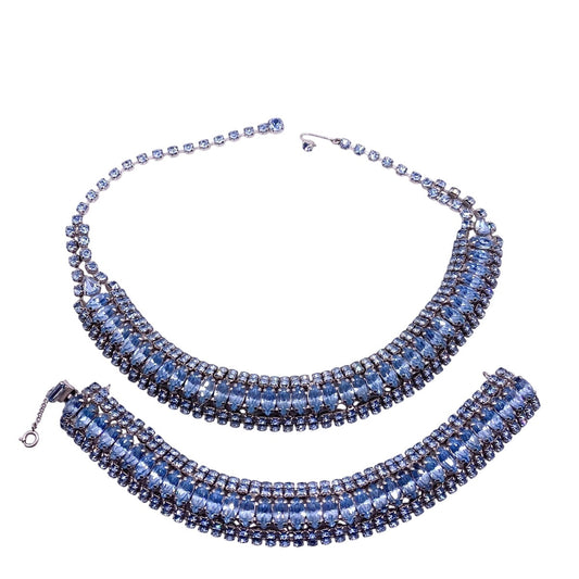 Sapphire Blue Rhinestones And Silver Tone Vintage Necklace and Bracelet Set