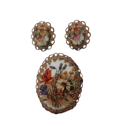 Western Germany Sugar Glass Brooch and Clip On Earrings Set