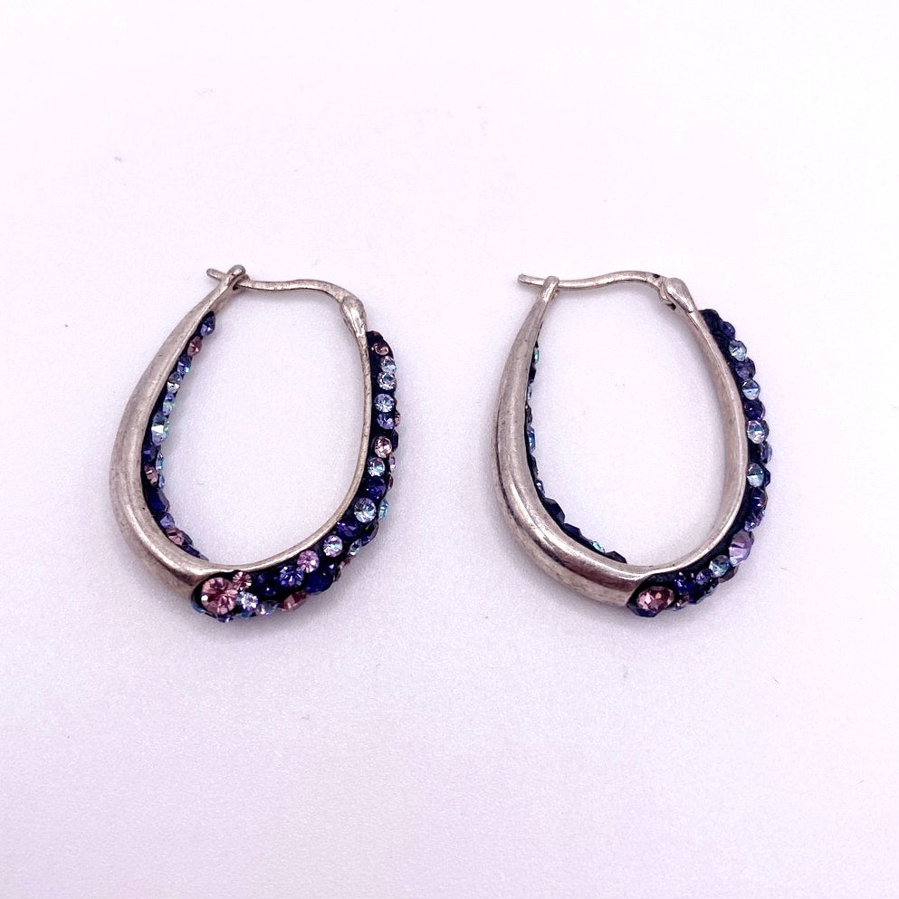 Vintage Hoops Earrings Brass and Pave Purple Crystals
