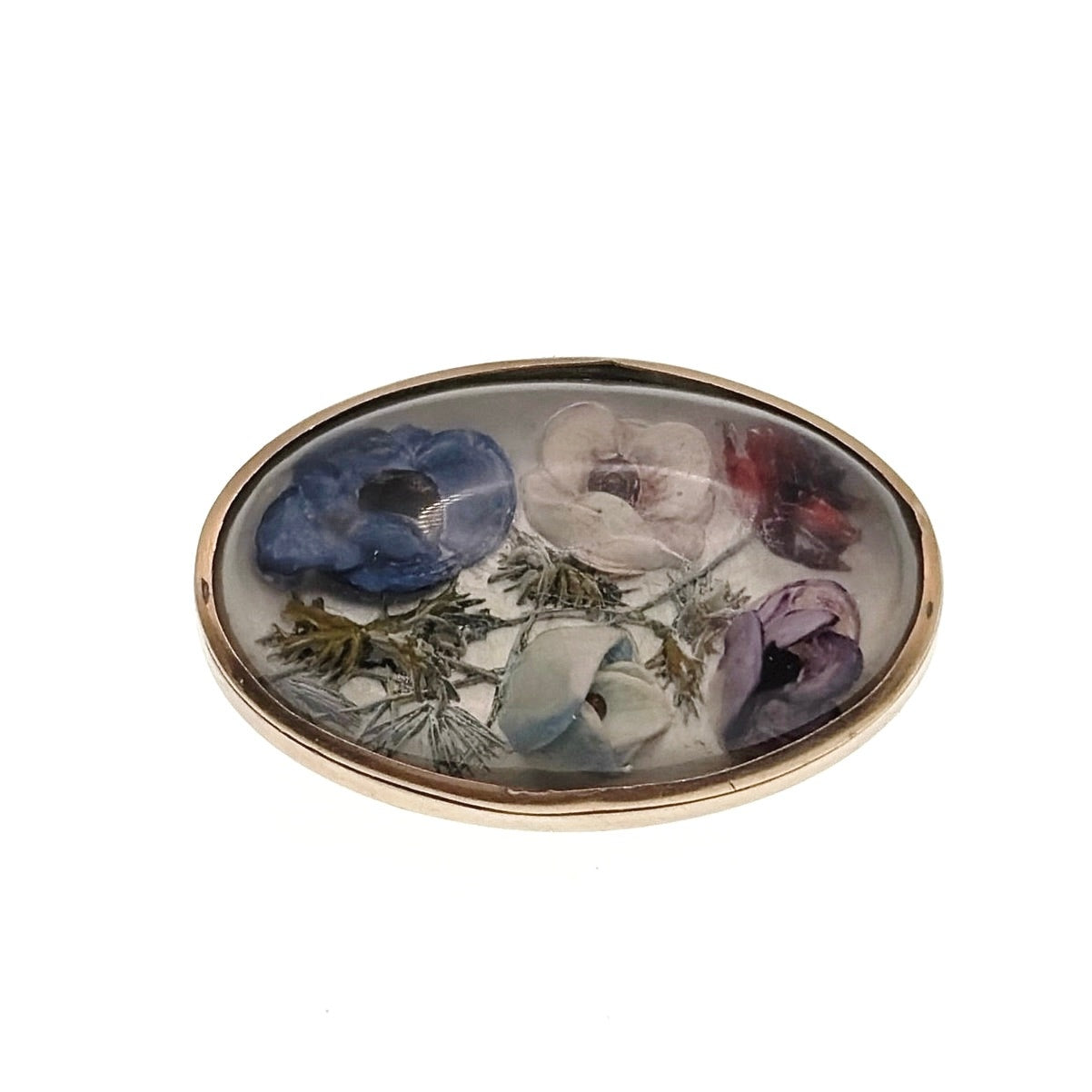 Art Deco Vintage Gold Plated Silver Dried Flowers Encapsulated Box Brooch