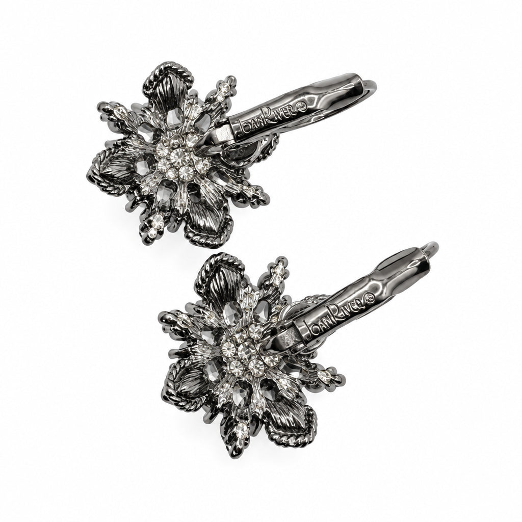 Joan Rivers Gun Metal and Rhinestones Flower Earrings Lever-back