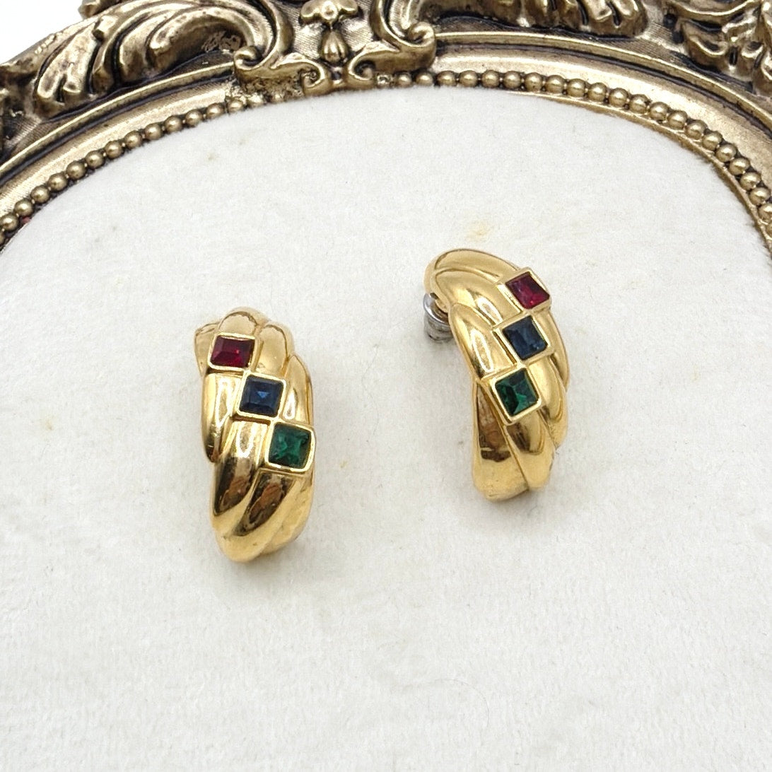 Gold Tone Retro Half Hoop Earrings and Colorful Rhinestones