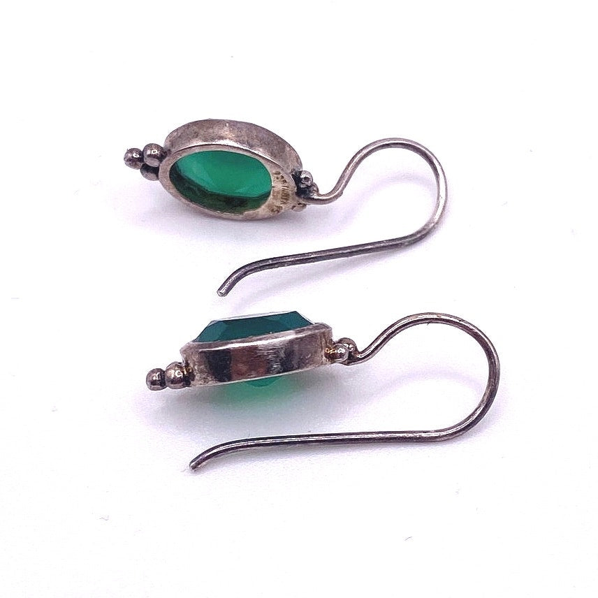 Vintage Sterling Silver And Green Onyx Hook Earrings