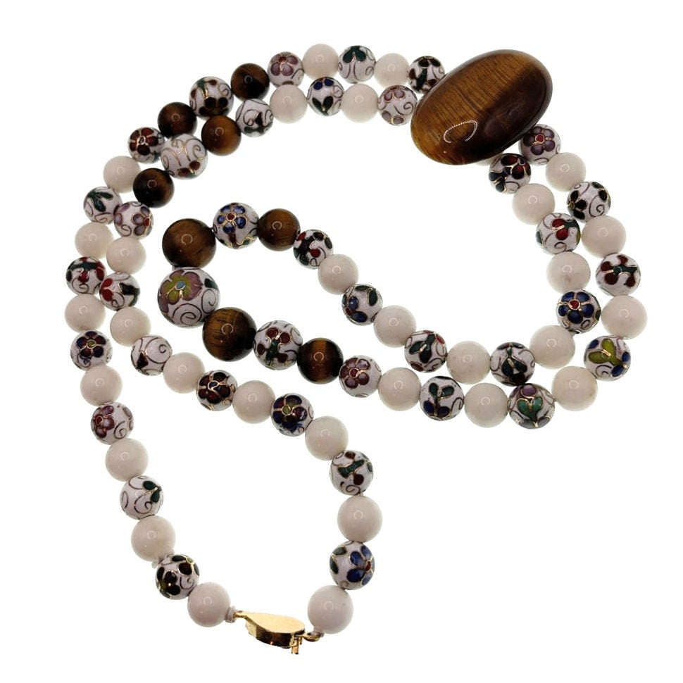 Jadeite Cloisonné and Tiger Eye Vintage Chinese Necklace 36”