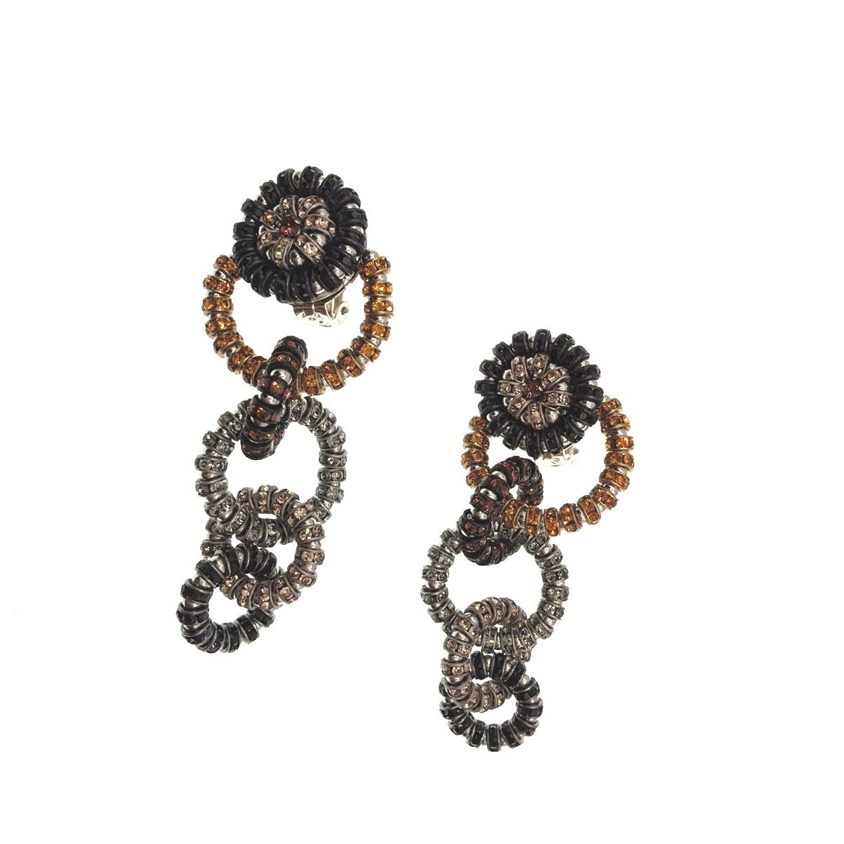 Sparkly Vintage Clip on Earrings Rhinestones Links Chain Dangling Long 2'