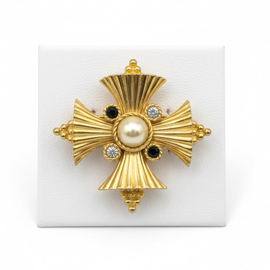 Maltese Cross Vintage Brooch and Convertible Pendant With Rhinestones 2.5”