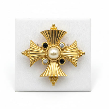Maltese Cross Vintage Brooch and Convertible Pendant With Rhinestones 2.5”