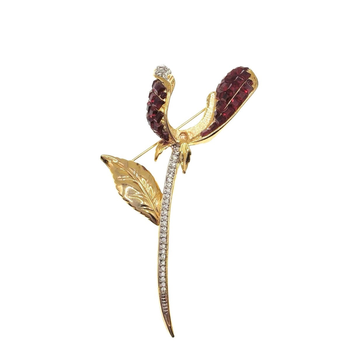 Vintage Flower Square Red Rhinestones Gold Tone 3.5”
