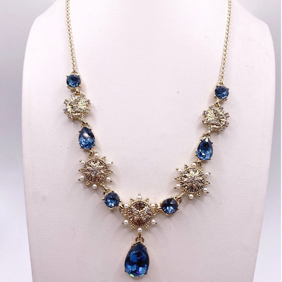 Marchesa Signed Blue Rhinestones Collar Necklace Adjustable 20"