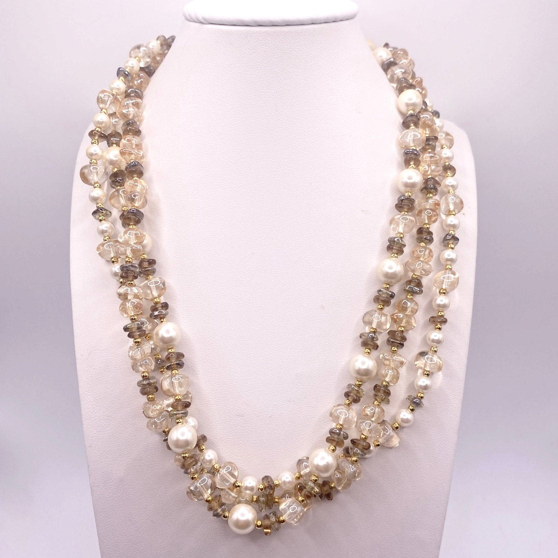 Napier Signed Three Strands Necklace Faux Pearls and Quartz Beads