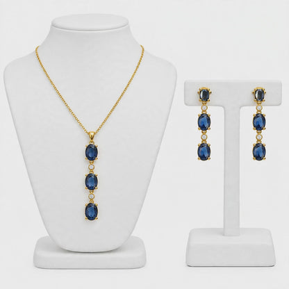 Gold Vermeil Set Necklace 20” Total and Drop Earrings With Blue CZ