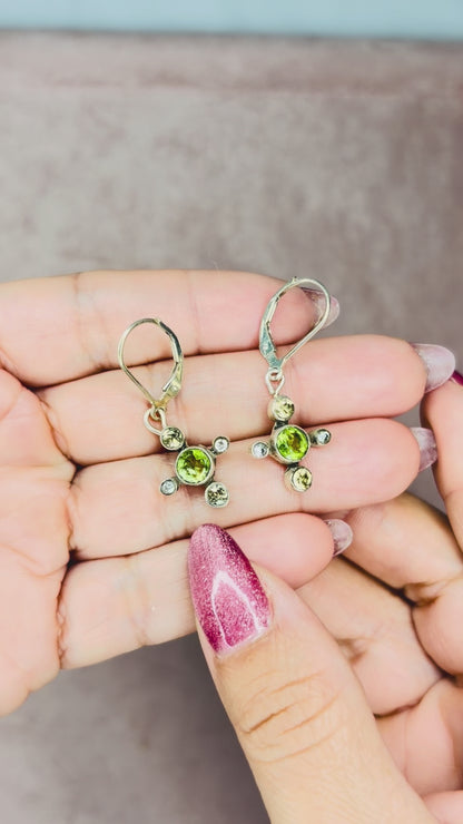 Sterling Silver Dainty Earrings Drop Cross With Peridot and Quartz Gemstone