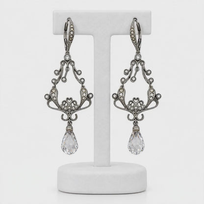 Vintage Drop Silver Tone and Crystals Earrings