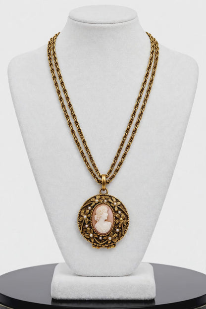 Goldette Signed Vintage Long Necklace And Shell Locket Cameo Pendant 28”