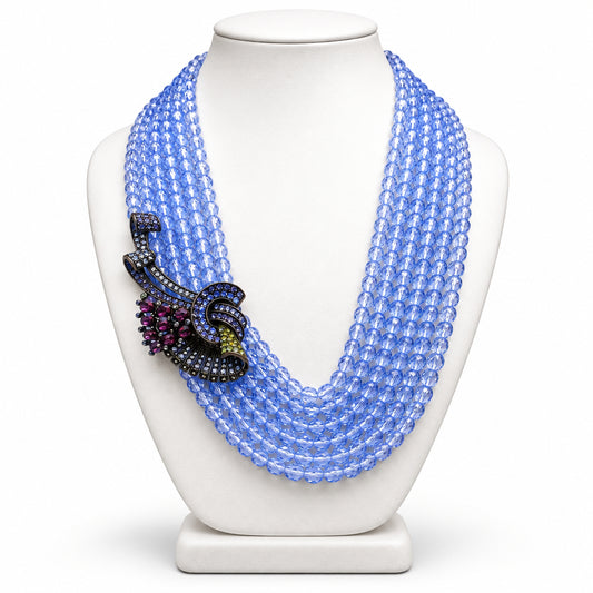 Heidi Daus Signed Sapphire Blue Glass Vintage Multistrand Necklace 16”
